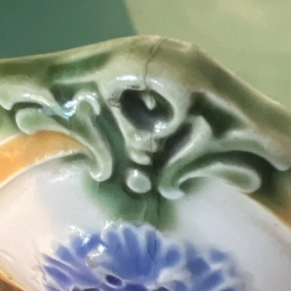 Antique Green/Lavender Majolica Art Nouveau Jardinière Floral 6” x 3” ~Hairline